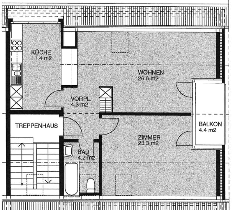 kitchen, living room, antechamber, stairs to upper floor, bedroom, bathroom, balcony