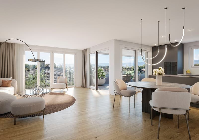 Open floor plan, large windows, balcony, modern furniture, pendant lighting