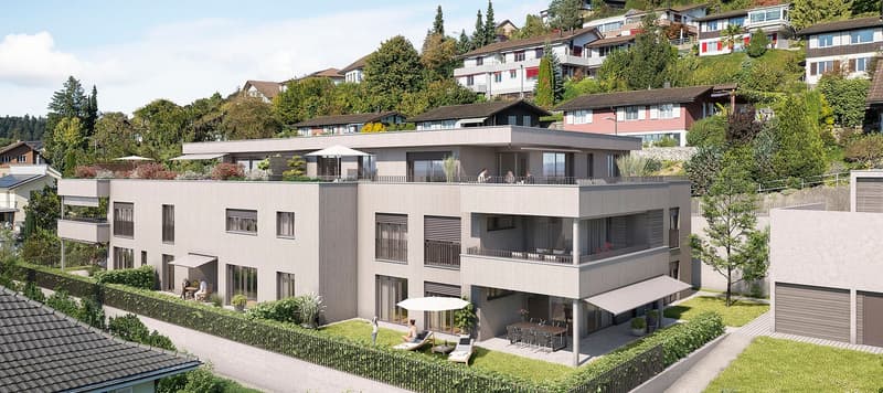 Multi-story building with terrace and open balconies. Green area with trees, grass, flowers, bushes, and plants.