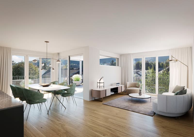 Open dining and living room with large windows, wooden floor, glass table, green chairs, white sofa, and floor lamp, balcony