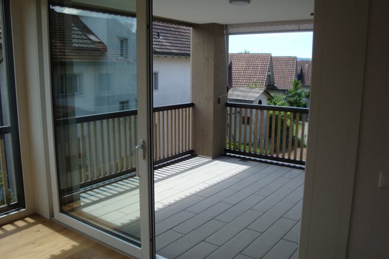 The image shows a balcony or terrace with a wooden floor and railing. The balcony overlooks a residential area with houses and roofs visible in the background through the glass sliding doors.