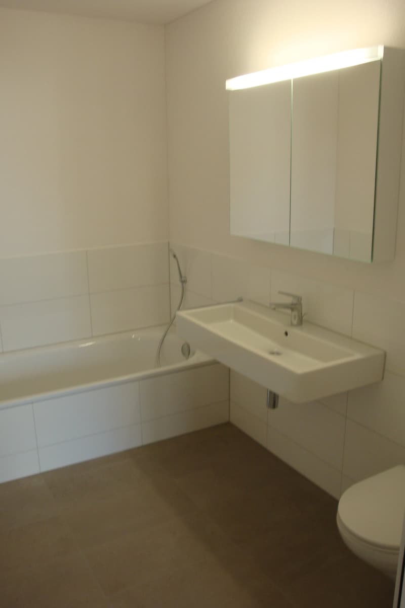 Bathroom with bathtub, sink, toilet, mirror, and shower