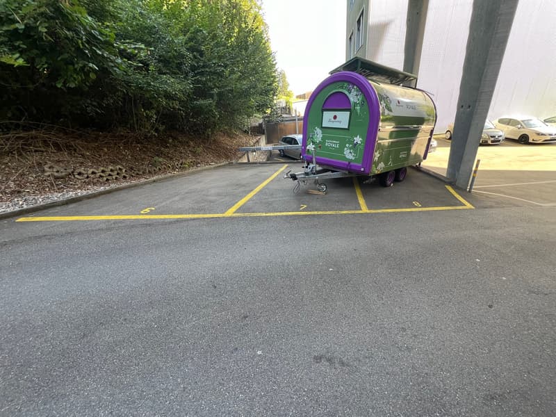 Paved parking lot with yellow lines, a purple and green recycling bin trailer parked in the lot, surrounded by trees and vegetation