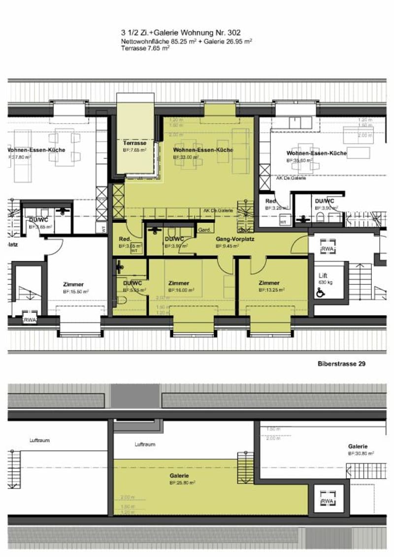3,5 Zimmer-Attika-Maisonettewohnung mit 112.2 m2 Nettowohnfläche inklusive Galerie, zwei vollausgestatteter Badezimmer, zwei Zimmer plus Terrasse