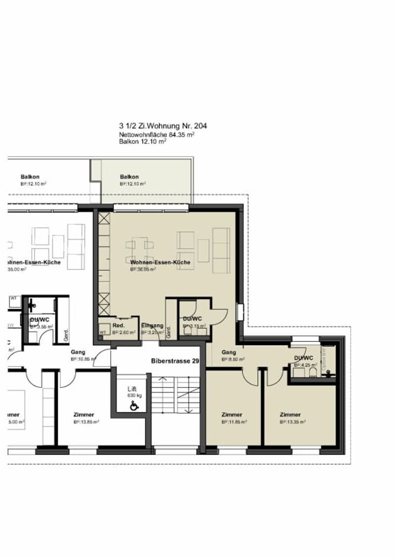 3,5 Zimmer-Eigentumswohnung im 2. Obergeschoss mit Balkon (12.1 m2) und 84.35 m2 Wohnfläche.