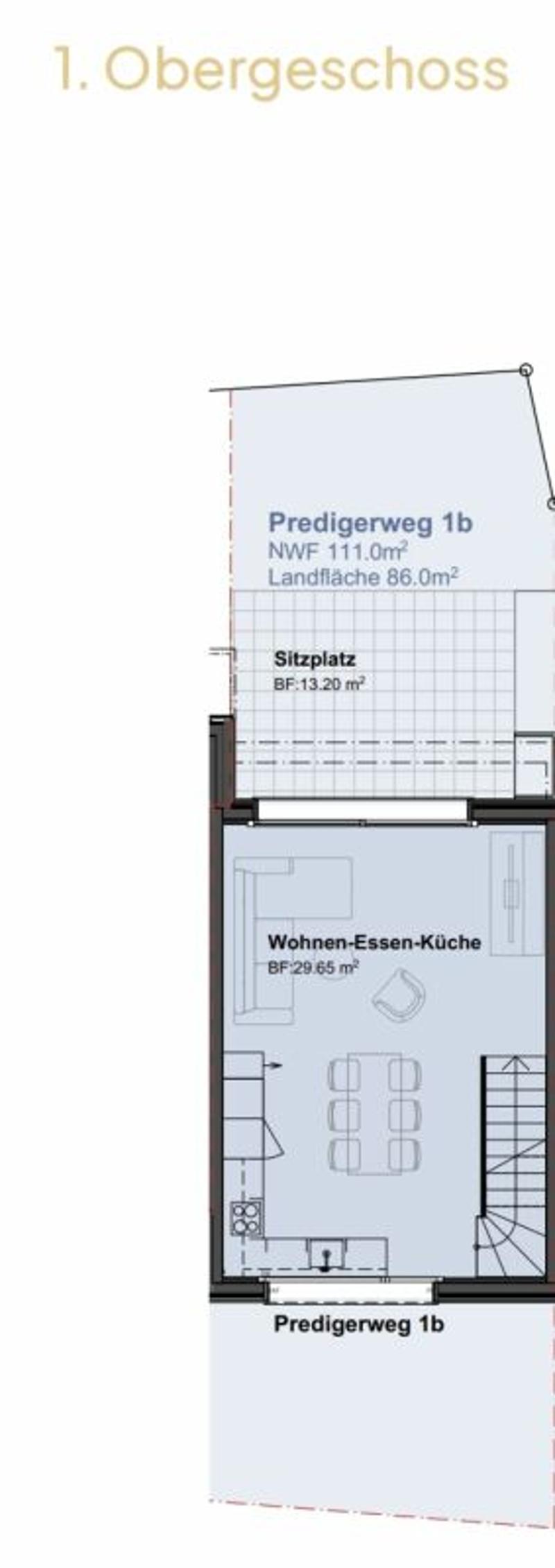1. Obergeschoss mit Sitzplatz (13.2 m2) und privatem Garten