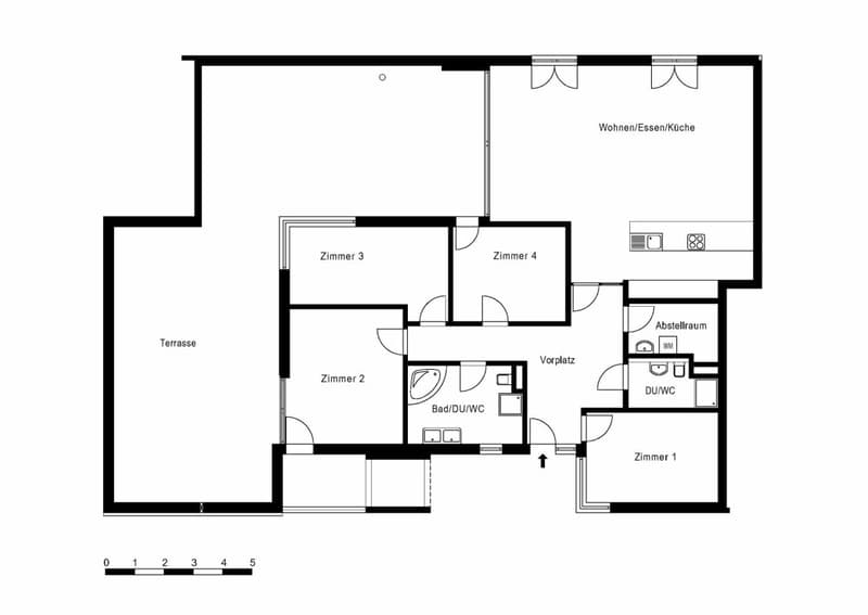 Grundriss der Terrassenwohnung mit grosser Rheinterrasse und Lift, Kellerraum und zwei Einstellhallenplätzen