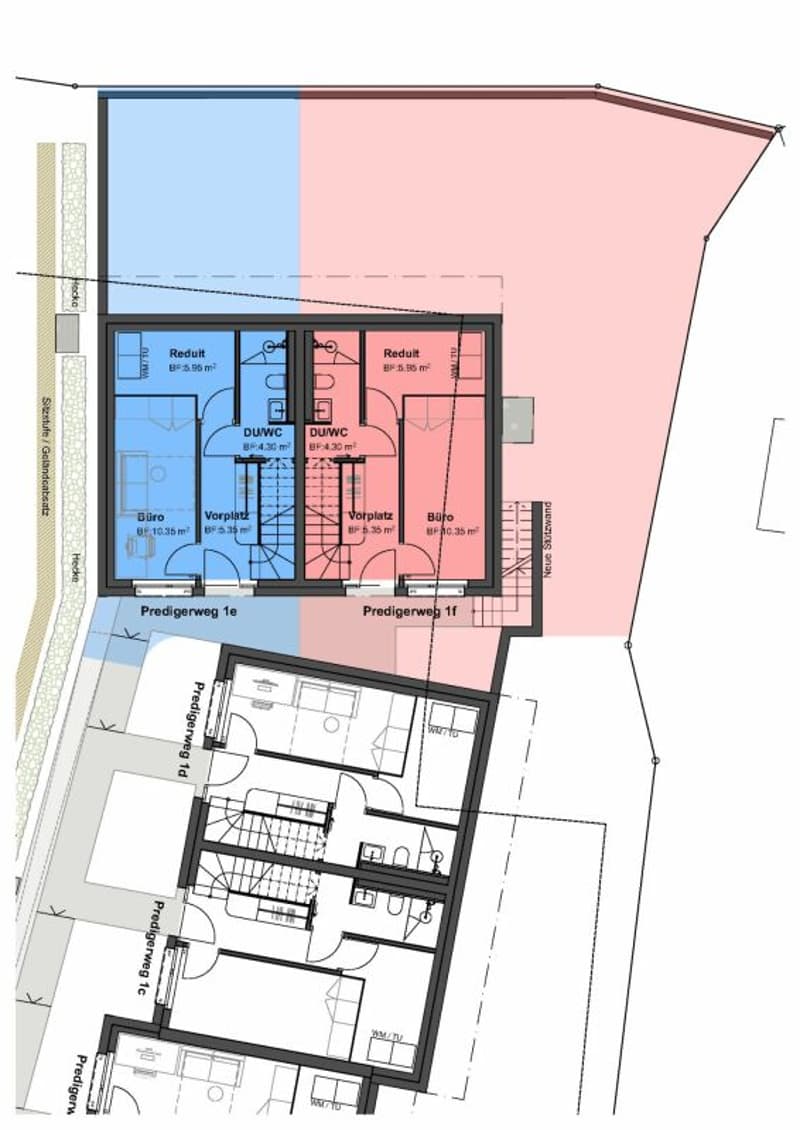 Untergeschoss mit Erschliessung, Zimmer/Büro, separatem Reduit mit Waschmaschine und Tumbler sowie Badezimmer mit bodenebener Dusche, WC und Lavabo.