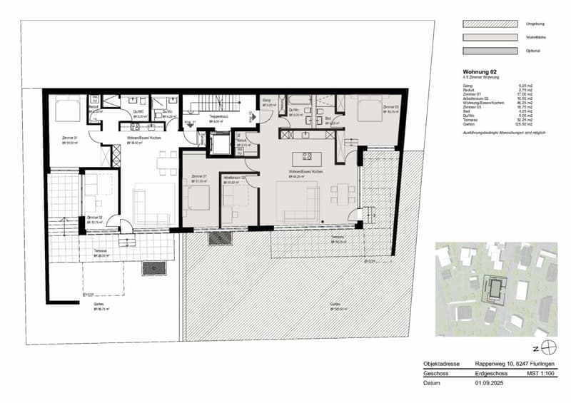 Grundriss der 4,5 Zimmer-Gartenwohnung im Edelrohbau: nahezu bezugsbereit, nur noch individuell die Oberflächen auswählen und einziehen.