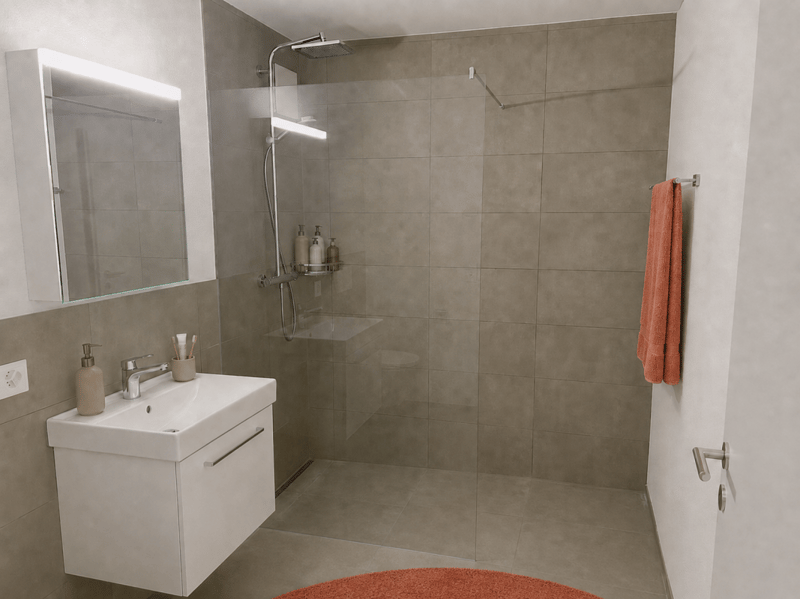 Bodenebene Dusche, Lavabo, WC