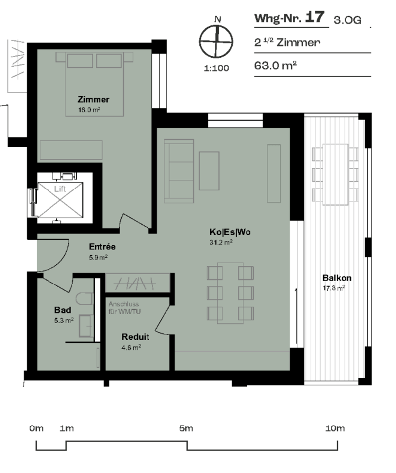 Grundriss Wohnung mit grossem gedeckem Balkon als erweitertes Wohnzimmer