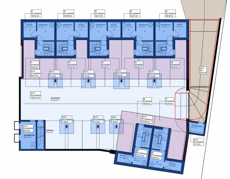 Untergeschoss mit Technik- und Abstellräume der Häuser (blau) sowie die gemeinschaftliche Einstellhalle mit Autoabstellplätzen (zwei je Haus sind mitzuerwerben)