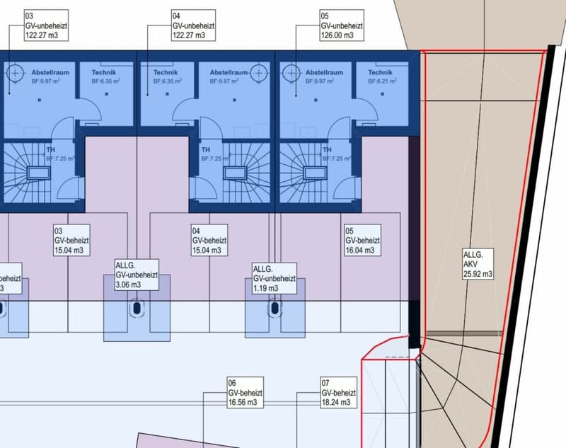 Untergeschoss mit Technik- und Abstellräume der Häuser (blau) sowie die gemeinschaftliche Einstellhalle mit Autoabstellplätzen (zwei je Haus sind mitzuerwerben)