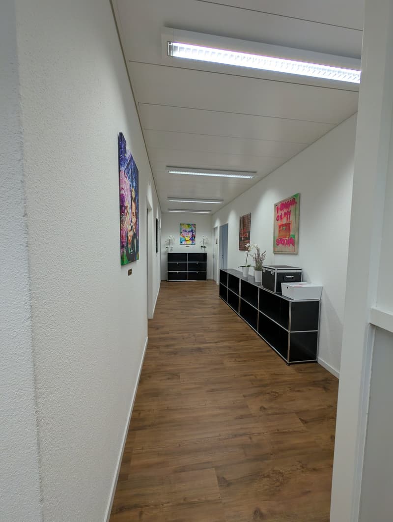 Wooden floor, white walls, ceiling lights, black shelves with decorative items, artworks on the walls