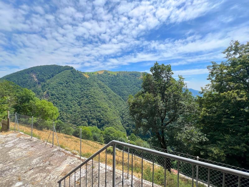 elevated terrace, steel railing, metal fencing, mountain view