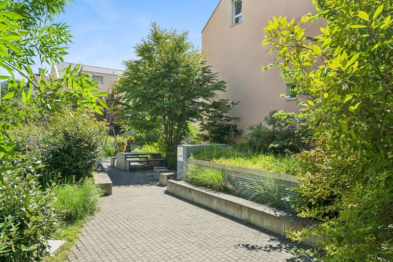 Outdoor seating area with a bench, garden with various plants and trees, building behind