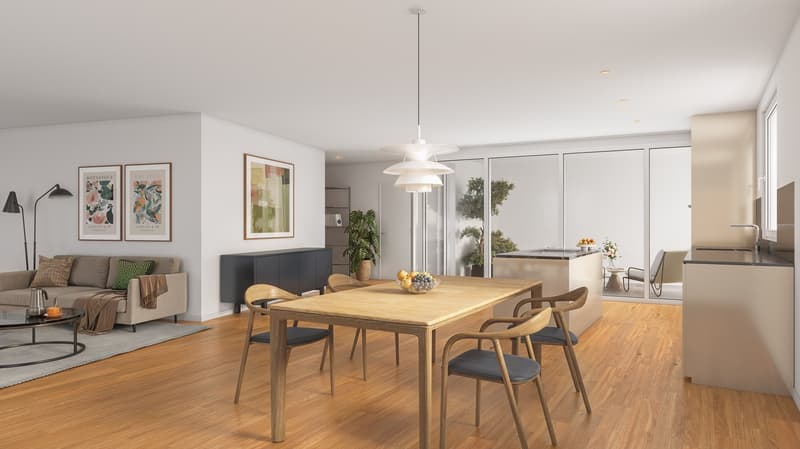 Dining room with a wooden table and chairs, a modern chandelier, a rug, a white sofa, artwork on the wall, and sliding doors that provide a view of a potted plant.