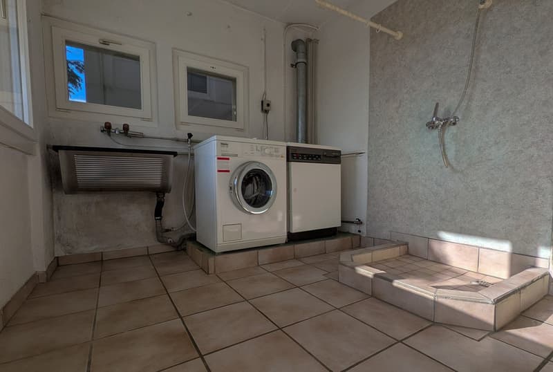 Laundry room with washing machine, dishwasher, sink, and shower