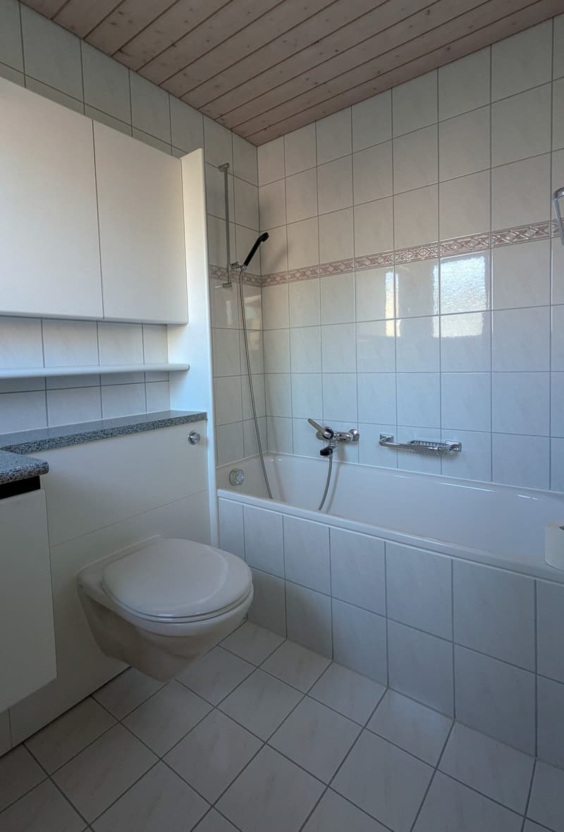 Bathroom with white tiles, white toilet, bathtub with shower, white cabinets, wooden ceiling