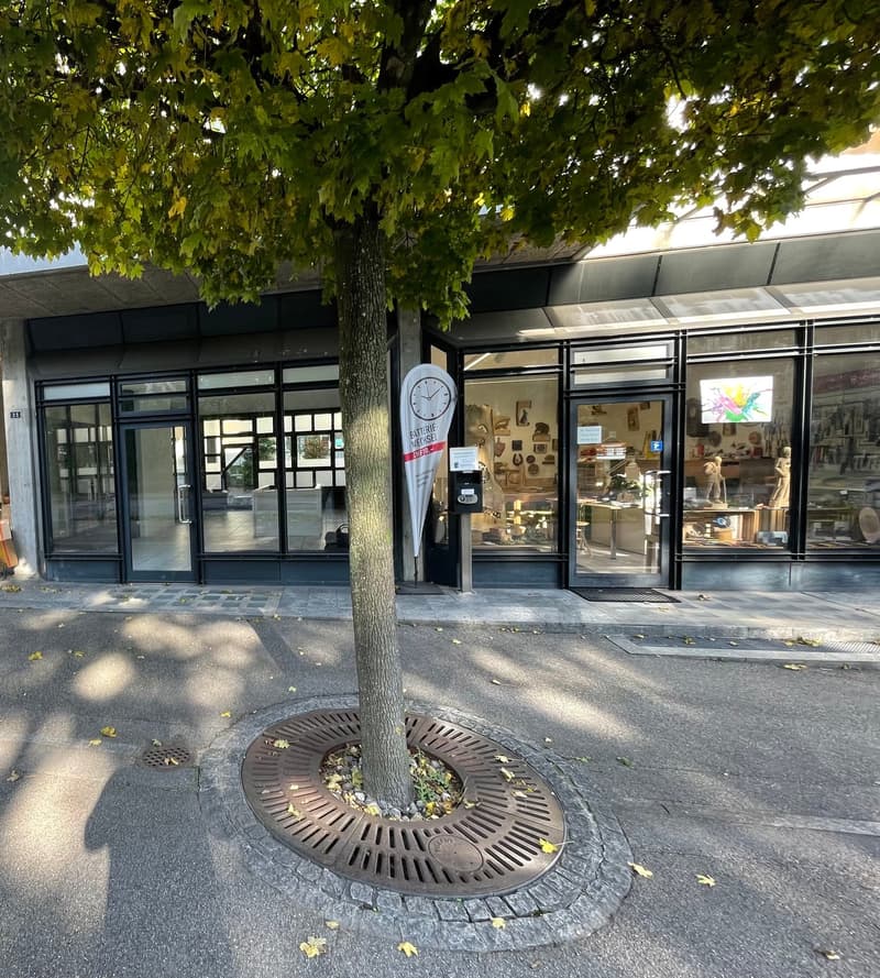 Modern building with glass walls, tree in the center, black metal grates, and a clock banner