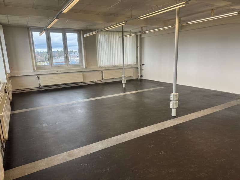 Empty room with white walls, black floor, windows, radiators, and ceiling lights