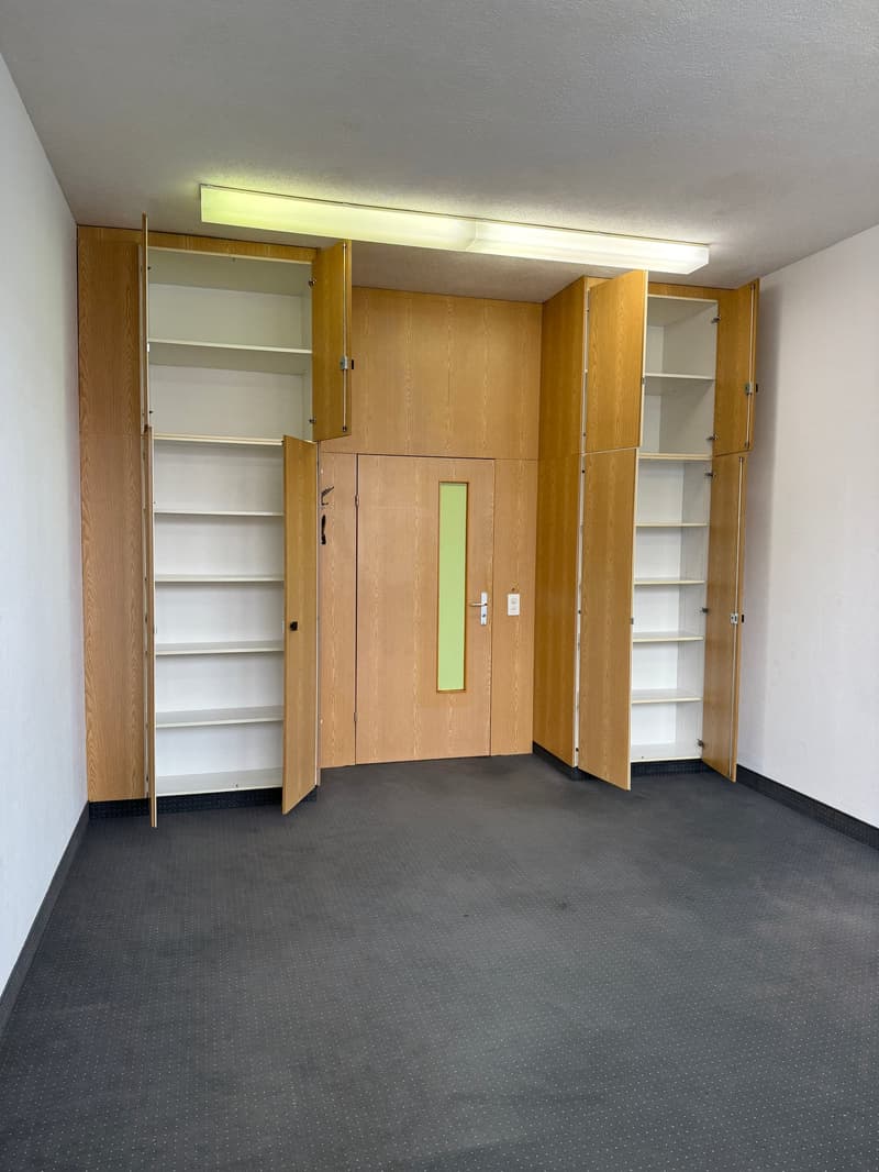 An empty room with wooden lockers, carpeted floor, a wooden door, and a ceiling light