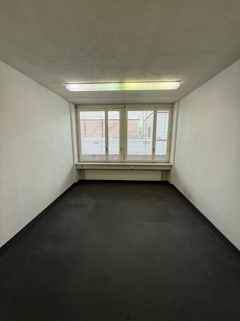 empty room, white walls, black floor, large window, a ceiling lamp