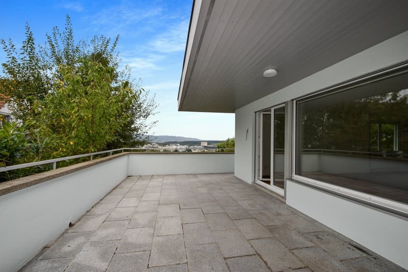 Terrace area with paved flooring, metal railing, large glass doors, open view, trees and cityscape visible in the background.
