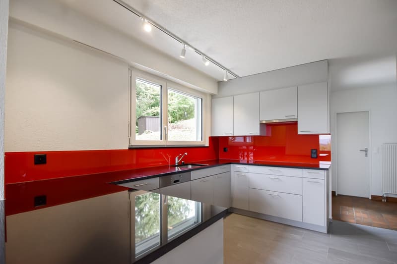 modern kitchen, red backsplash, white cabinets, stainless steel sink, black countertop, window, dishwasher