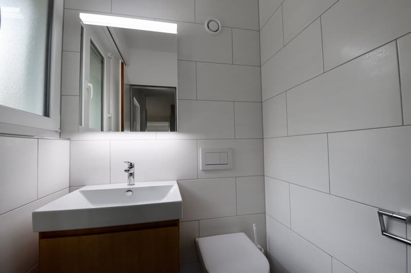 A small white bathroom with white tiles, a mirror, a white sink with a faucet, and a toilet.