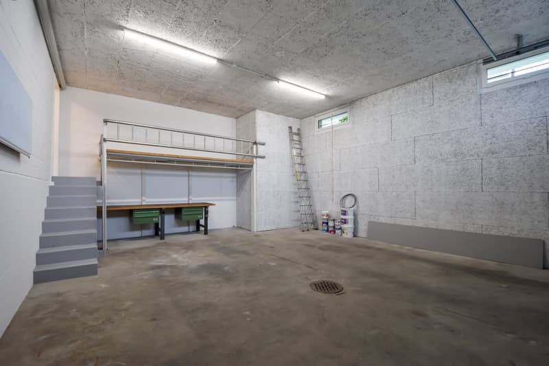 underground room with desk, ladder, shelves and drain