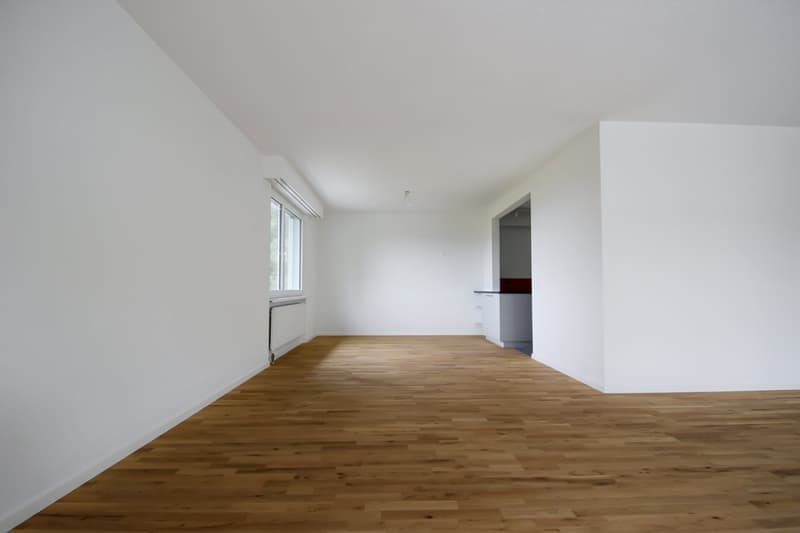Empty room with hardwood floors, white walls, ceiling-mounted lighting, and a window