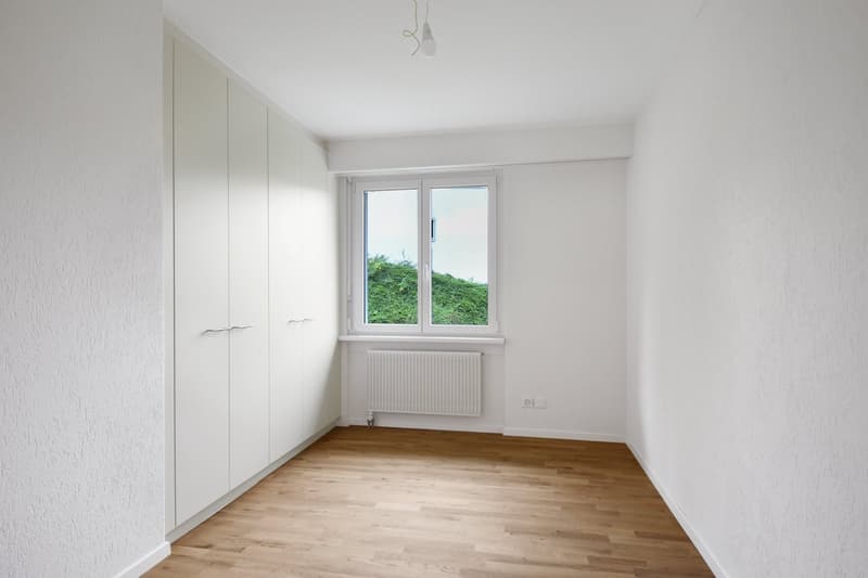 empty room, wooden floor, white wall, large windows, white wardrobe
