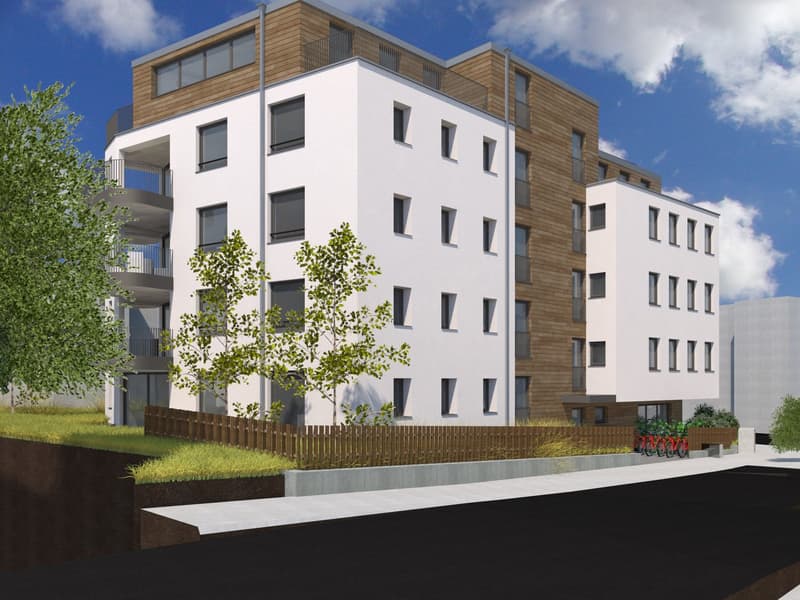 5-story building, white walls, brown wooden accents, balconies, windows, ground-level fencing