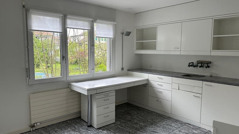 Spacious kitchen with white cabinets, granite countertops, large windows overlooking a garden, and a built-in dishwasher