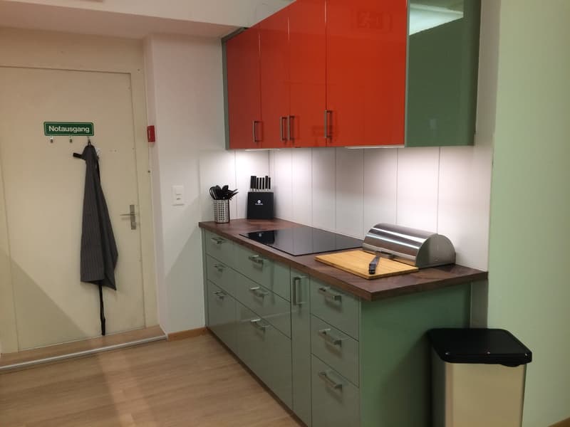 Green and red cabinets, countertop, induction stove, chopping board, knife, trash bin, wooden floor, white door