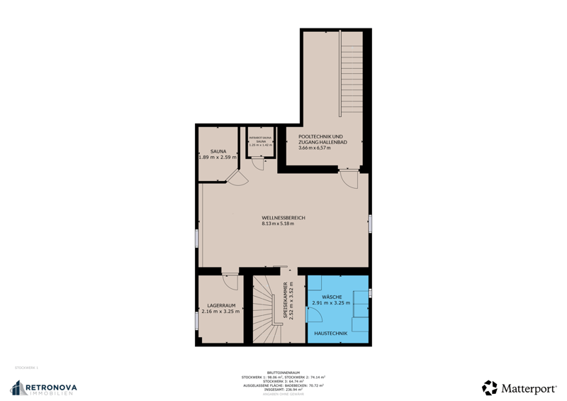 floor plan with living room, 1 bedroom, kitchen, sauna, bathroom, pool, technical room