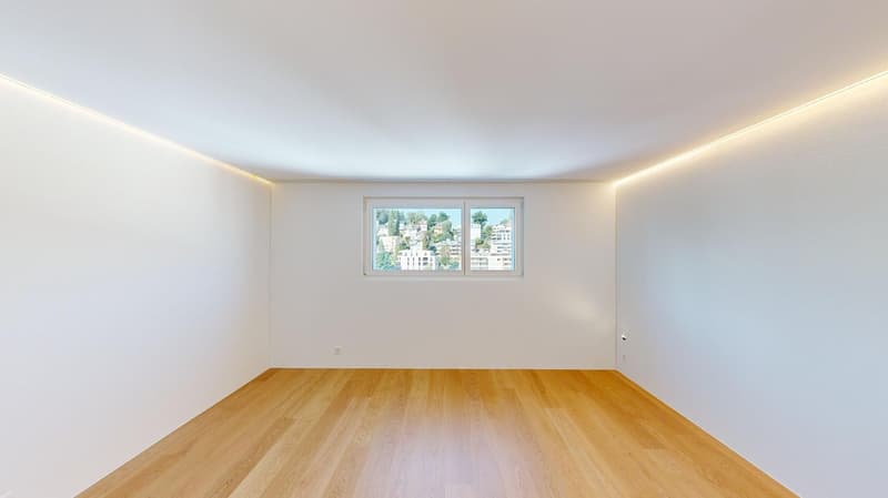 empty room, wooden floor, white walls, large window, city view