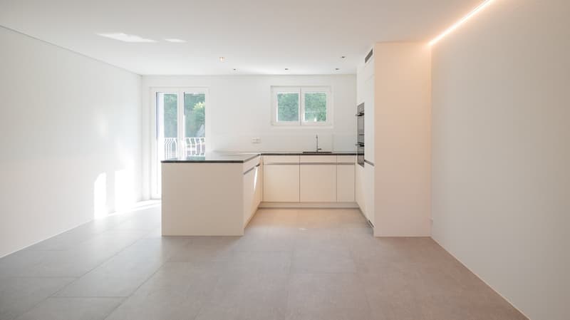modern kitchen, white cabinets, granite countertop, sink, oven, windows, balcony