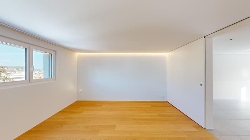 empty room, white walls, wooden floor, large window, sliding door