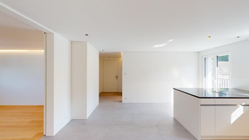 Empty room, white walls, gray floor, white kitchen counter, white cabinets, glass door, balcony