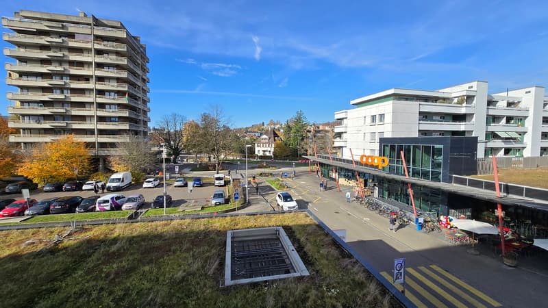 Aerial view of a multistory building and a shopping center with a parking lot and cars parked in front, nearby there is a street with several shops and many bicycles parked in front, in the distance there is a residential area and trees.