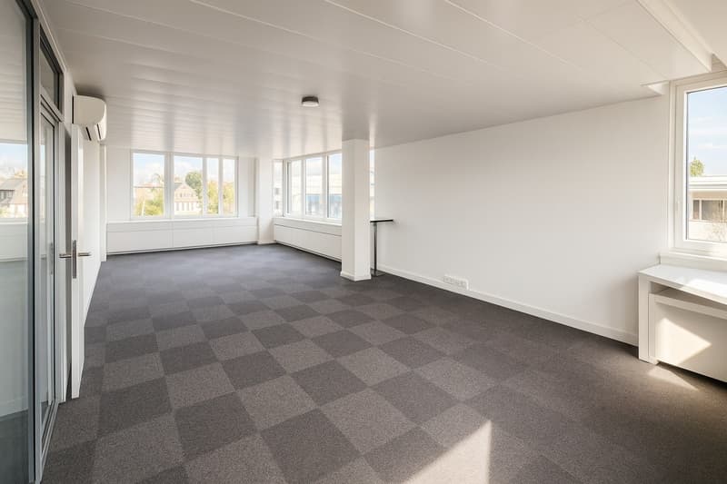 check board pattern floor, sliding glass door, white walls, multiple windows, ceiling light