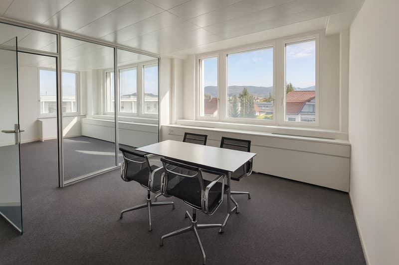 Empty meeting room with a white table and black chairs, large windows, carpeted floor, large glass doors.