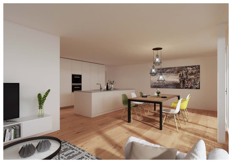 Open-plan kitchen-dining room, wooden floor, white walls, center island, chandelier, table and chairs, TV, white cabinetry, living room area with sofa