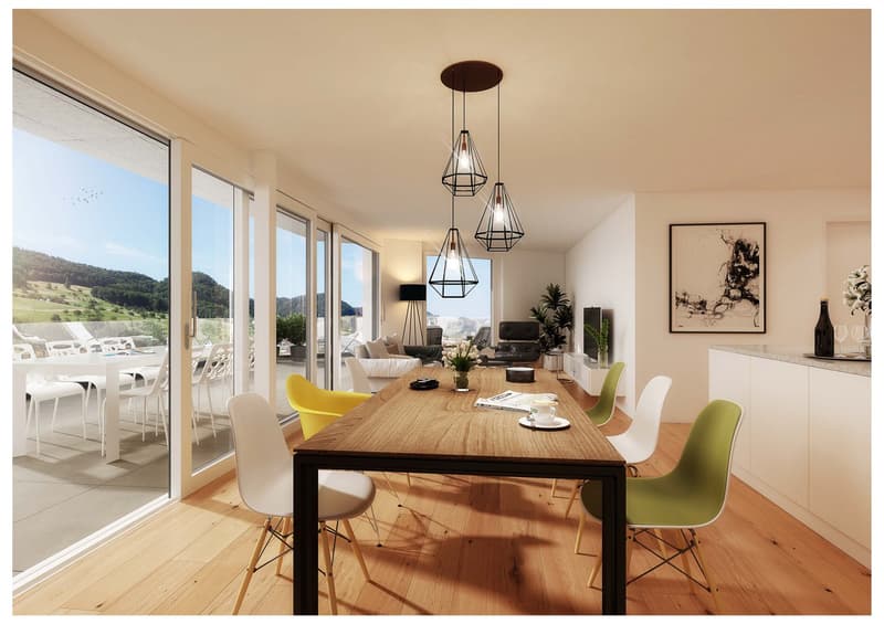 Dining room: wooden dining table, chairs, chandelier, panoramic glass windows, kitchen, living area