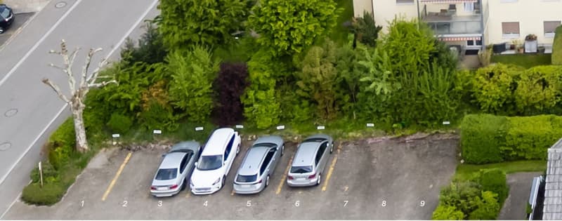 9 parking spaces, surrounded by greenery, numbered from 1 to 9