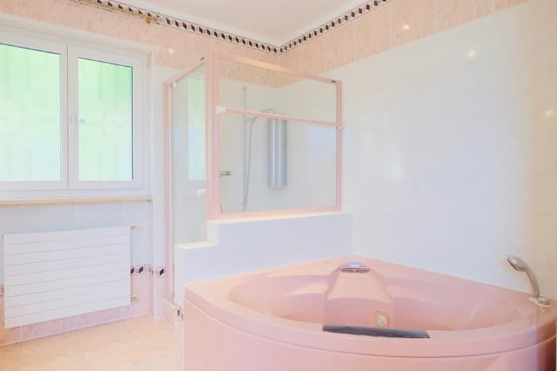 Large pink bathtub, glass shower enclosure, white walls, windows, towel rack