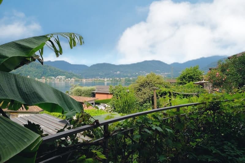 Scenic view of a lakeside town surrounded by mountains, with lush greenery and vegetation in the foreground, including banana leaves and other tropical plants. There appears to be a balcony or terrace overlooking the lake and town.
