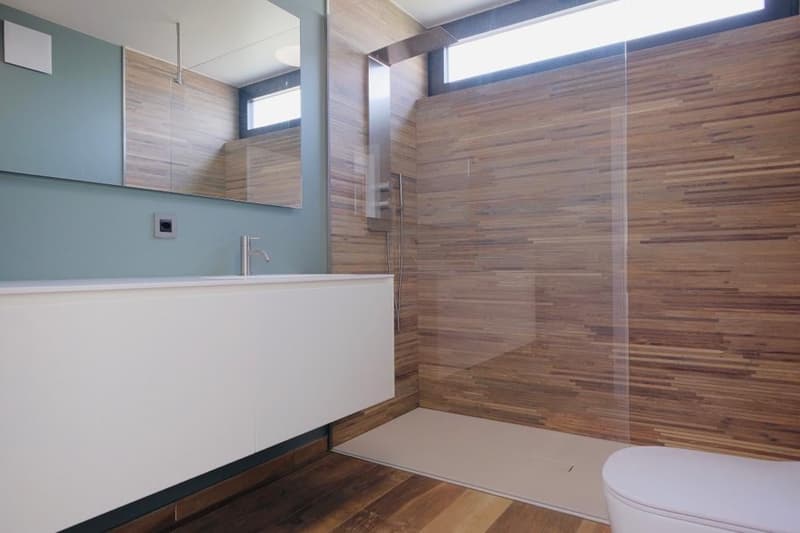 Modern bathroom with wood-paneled walls, a white vanity, and a glass shower enclosure